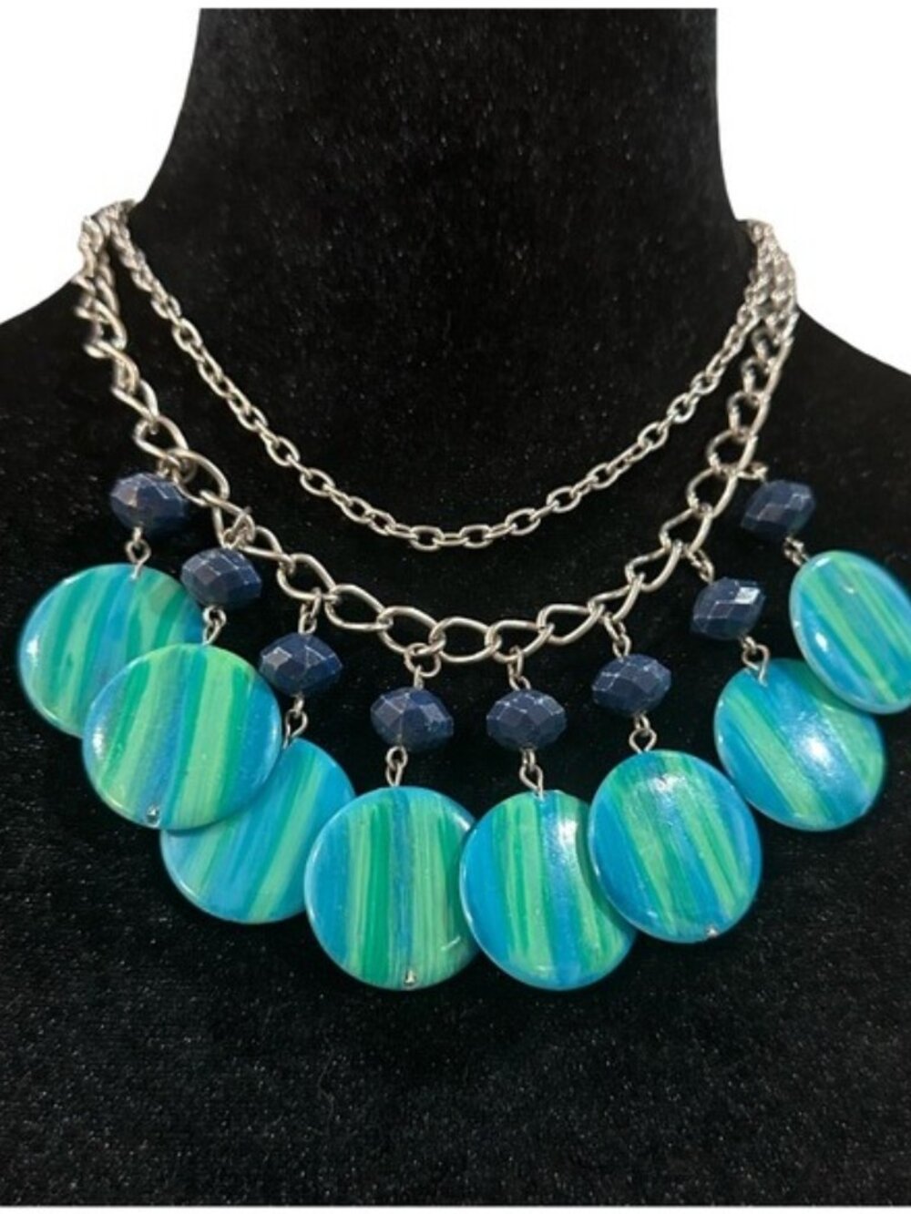 Double Strand Necklace Blue Green Beaded Fringe Silver Tone Chain Adjustable